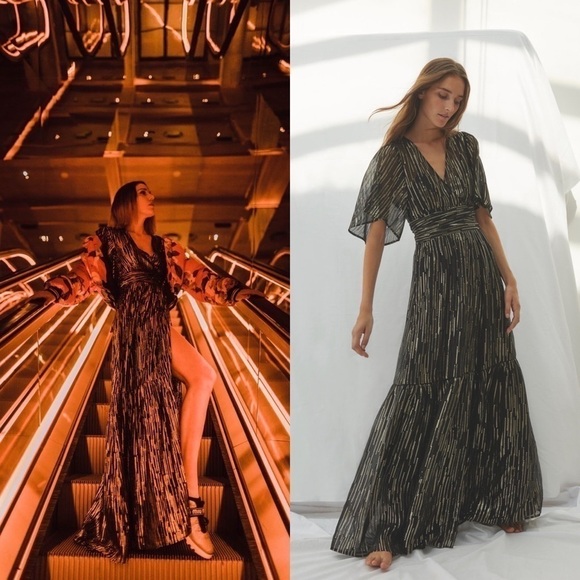 Ba&sh Dress Nixon Metallic Crossover-Neck Tie Maxi Party Black Gold XS GUC - Picture 1 of 12